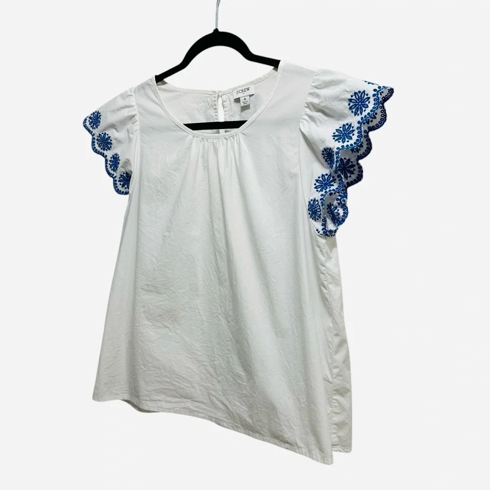 J. Crew embroidered flutter sleeve top white with blue scalloped sleeves Small - Picture 3 of 12